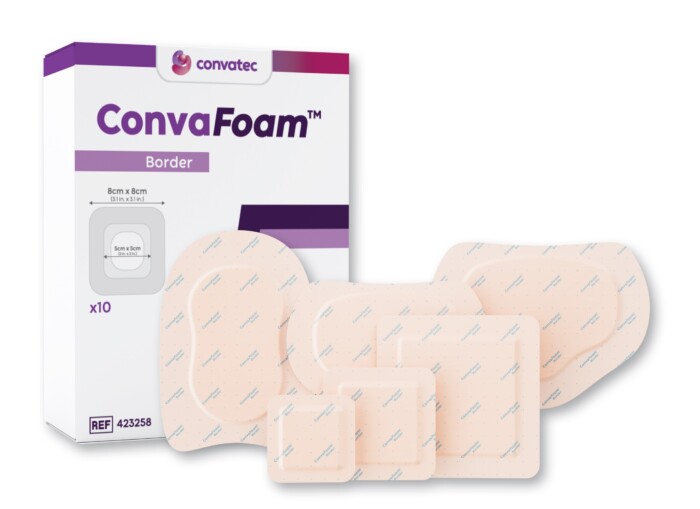 ConvaFoam Border Adhesive Silicone Hydrofiber Foam Dressing, 4" x 4" Dressing, 2.6" x 2.6" Pad